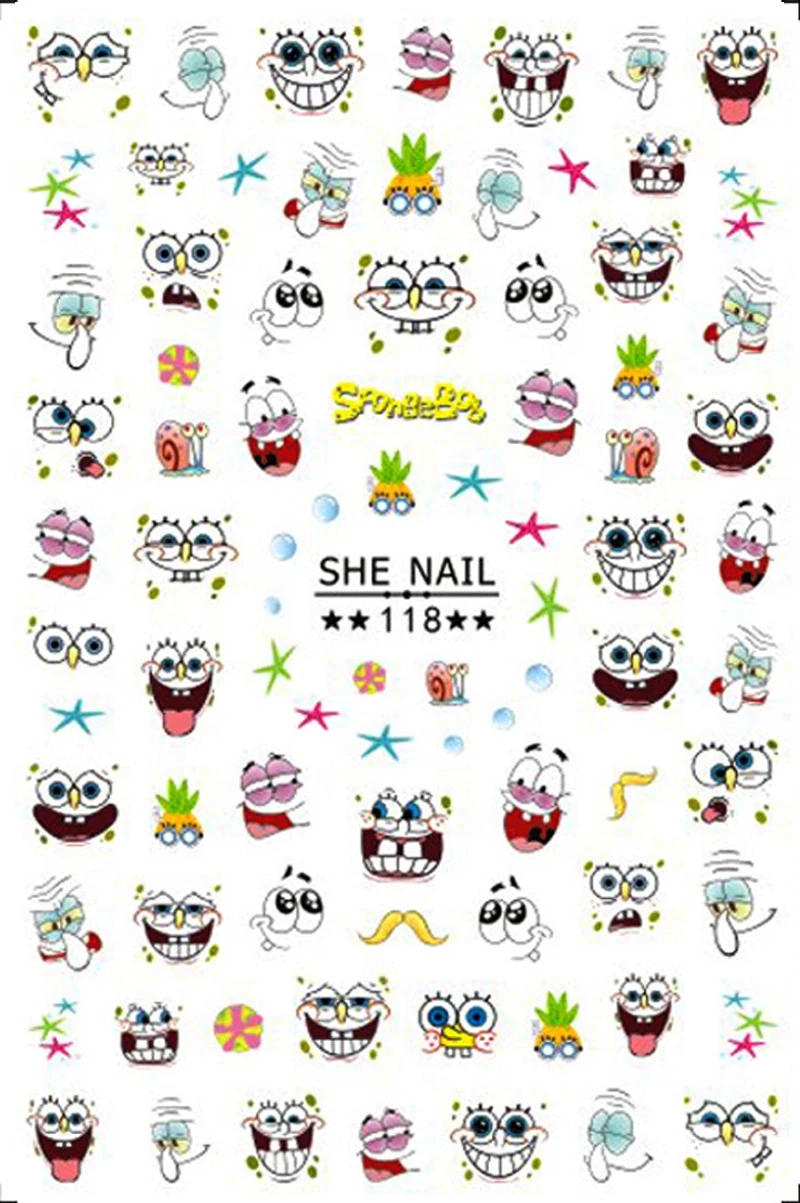 Color: light yellow - 1PCS Miniso Spongebob Cartoon Nail Stickers Nail Art Decoration Cute Hello Kitty Stitch Nail Art Stickers Nail Art Supplies
