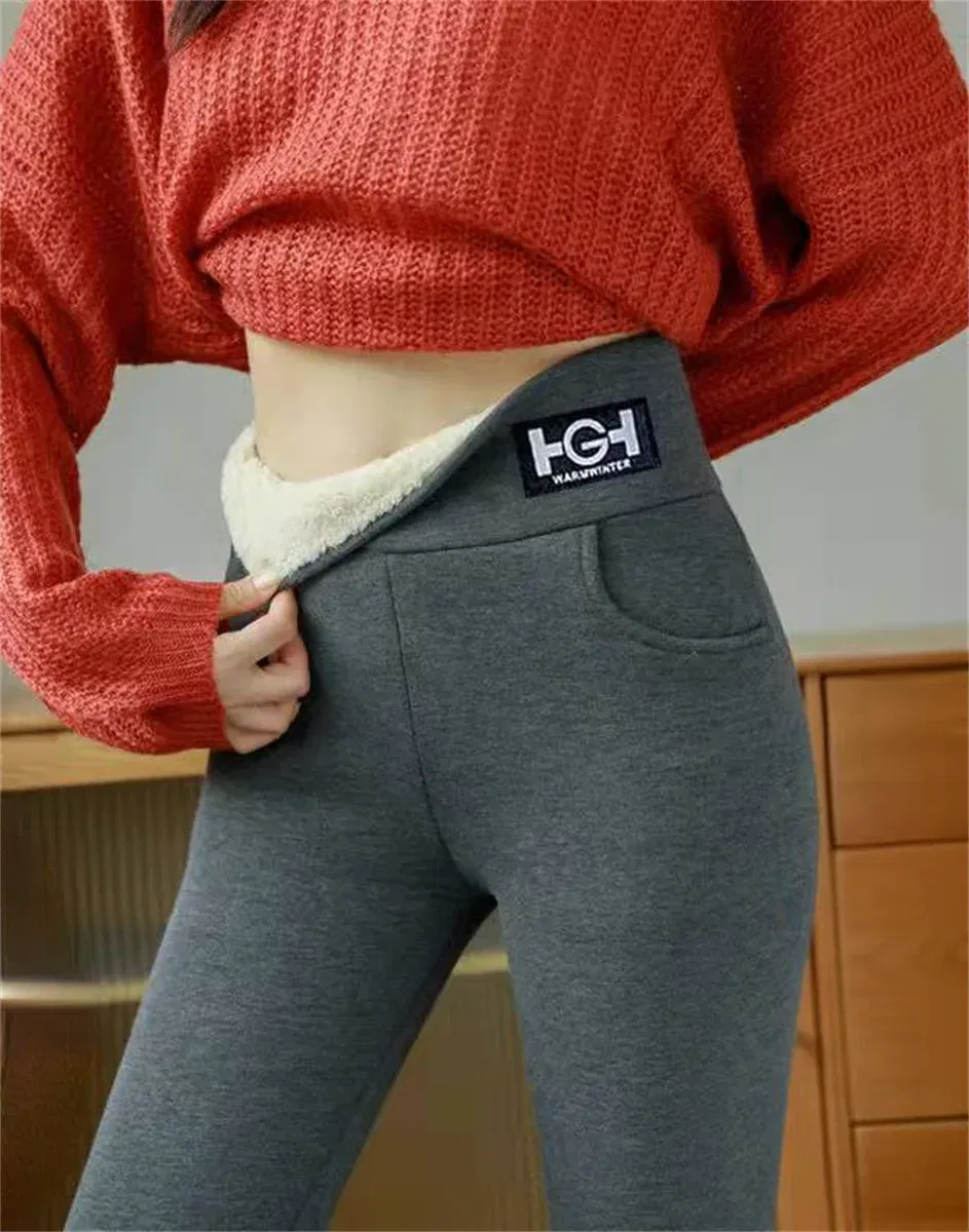 Color: GRAY, Size: XL - Winter Women Leggings Solid Warm Leggings Thicken Lambwool Hight Waist Fleece Keep Butt Lift High Stretchy Walking Pants Pocket