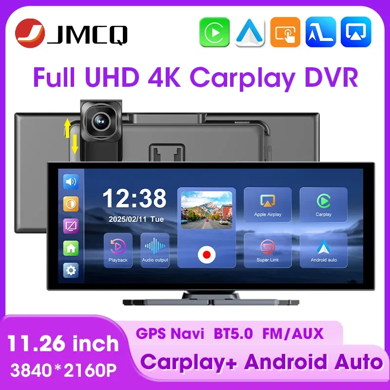 Color Name: WHITE, Sd Card Memory: 64G - JMCQ 11.26 inch Touch Screen Car DVR 4K Dash Cam 5G WiFi Wireless Carplay Android Auto GPS Navigation BT Video Recorder FM AUX