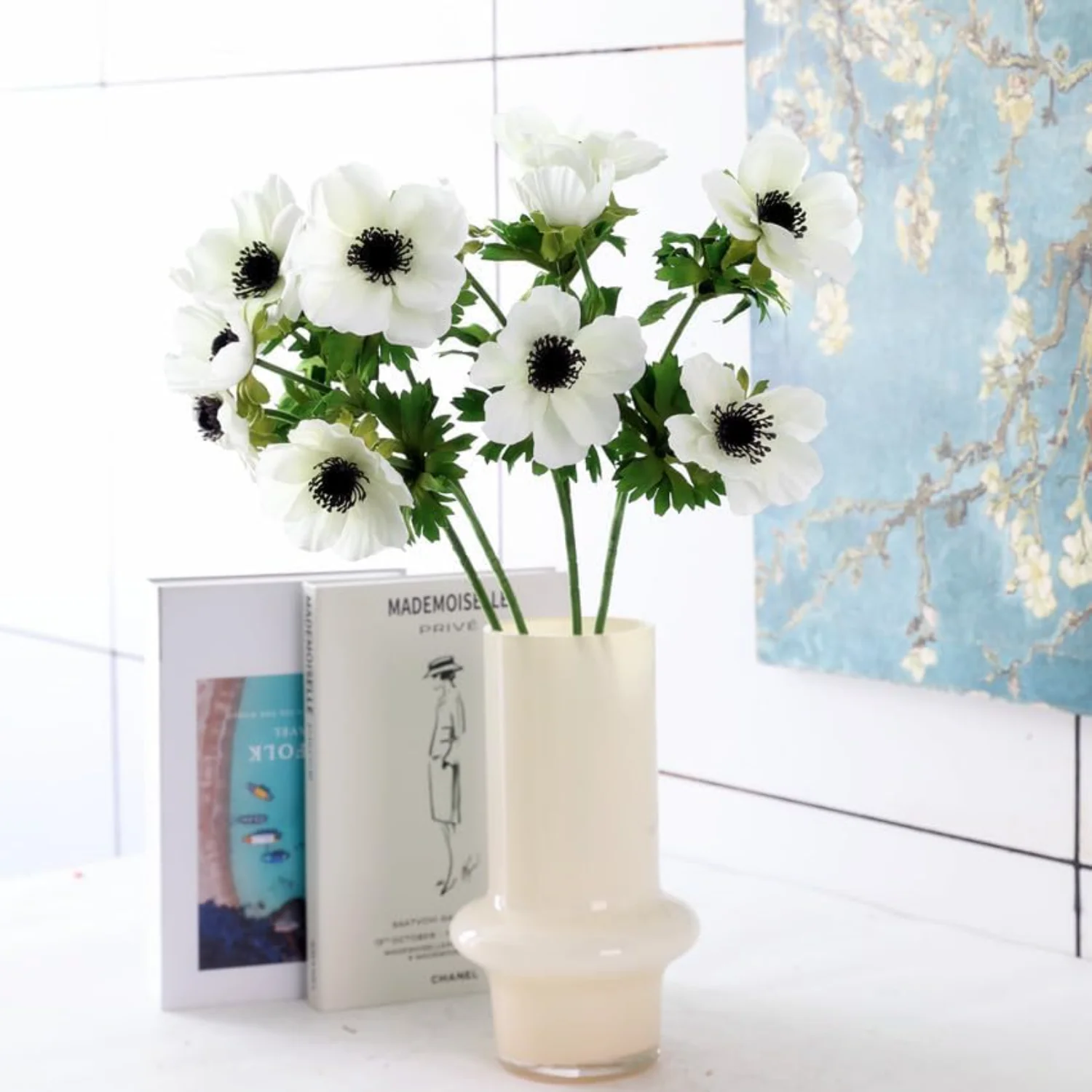 5pcs Artificial Anemone Full Blooming Flower Bushes with Green Foliage for Mother's Day or Decoration for , Restaurant, Office &