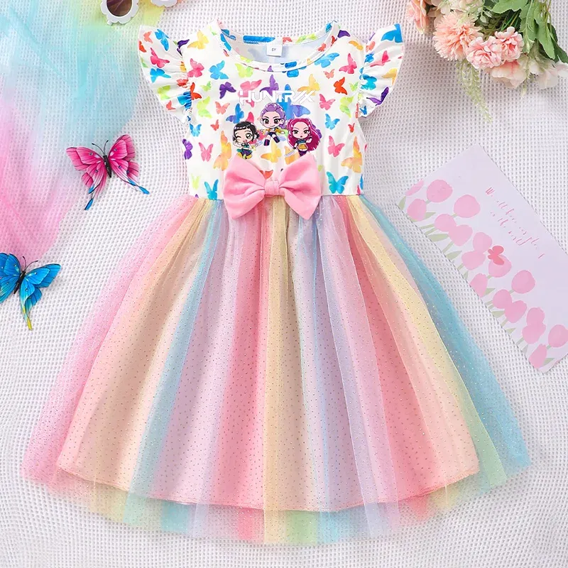 Color: Burgundy, Size: One Size, Ships From: CHINA, Height: 158 - KPop Demon Hunter Christmas Princess Dress Girl Fashion Casual Autumn Butterfly Dress Wedding Birthday Party Dress Gift Clothes