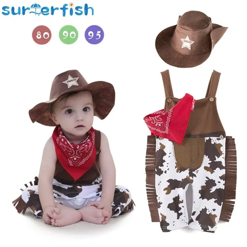 Color: Turquoise, Kid Size: 18M - Baby Boy Clothes cowboy Costume Infant Toddler Cowboy Set 3Pcs Hat Scarf Romper Halloween Event Birthday Holiday Cosplay Outfits