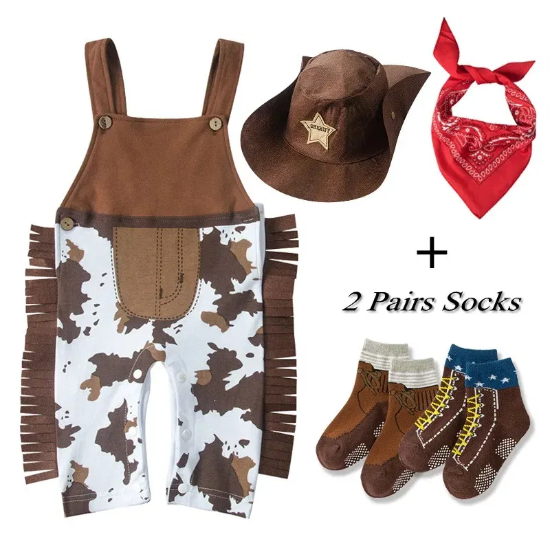 Color: Turquoise, Kid Size: 18M - Baby Boy Clothes cowboy Costume Infant Toddler Cowboy Set 3Pcs Hat Scarf Romper Halloween Event Birthday Holiday Cosplay Outfits