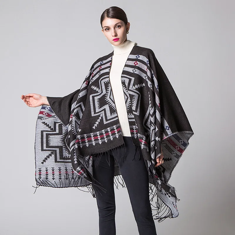 Color: green, Size: One Size, Ships From: CHINA - European American Popular Tassel Thickened Cashmere Like National Style Travel Fork Shawl Scarf in autumn Ponchos Capes