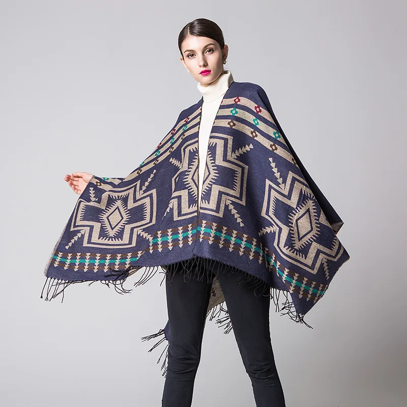 Color: green, Size: One Size, Ships From: CHINA - European American Popular Tassel Thickened Cashmere Like National Style Travel Fork Shawl Scarf in autumn Ponchos Capes
