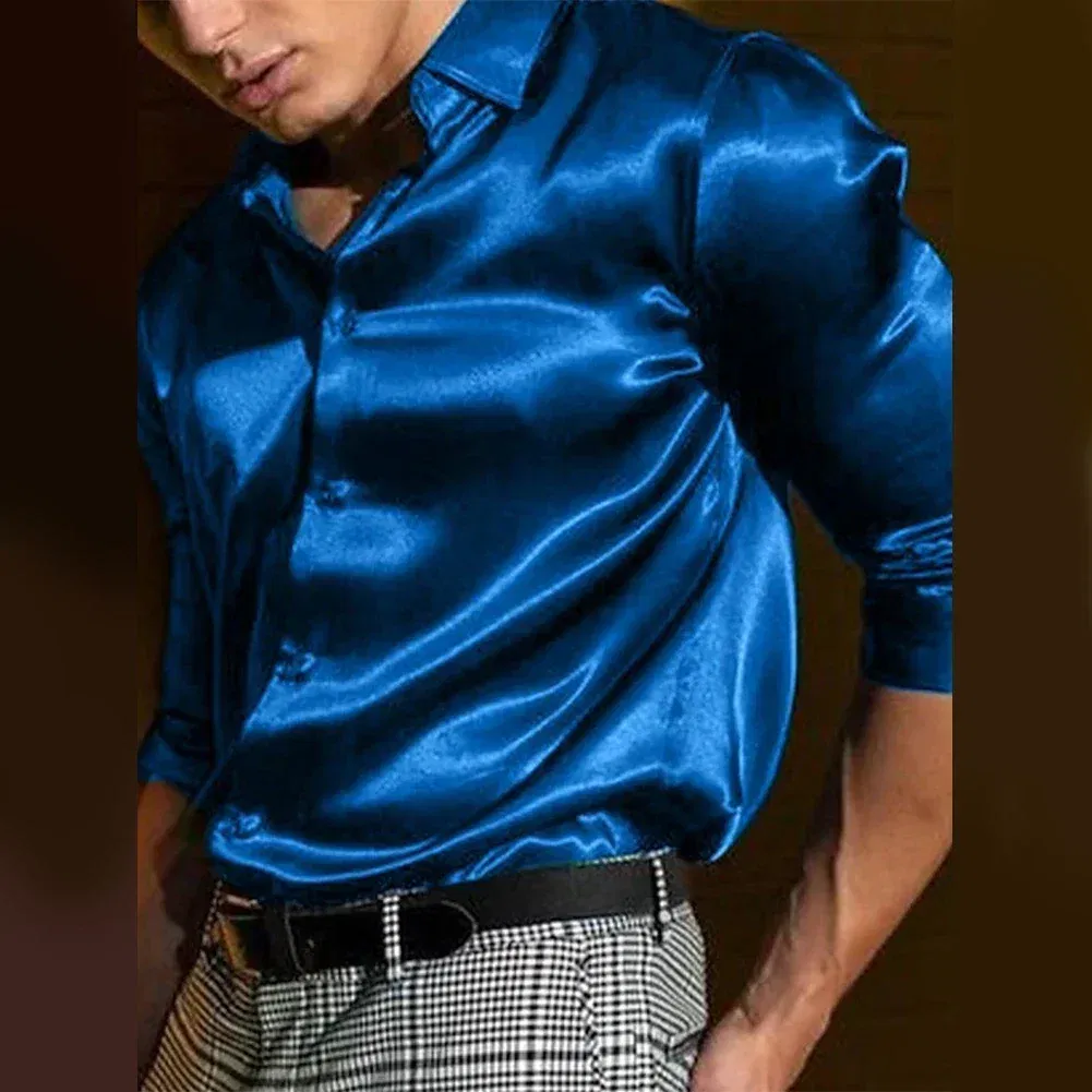 Color: black, Size: M, Ships From: CHINA - Casual Men's Satin Silk Dress Shirts Long Sleeve Social Single Breasted Button Turn-Down Collar Shirts Wedding Party Men Clothes