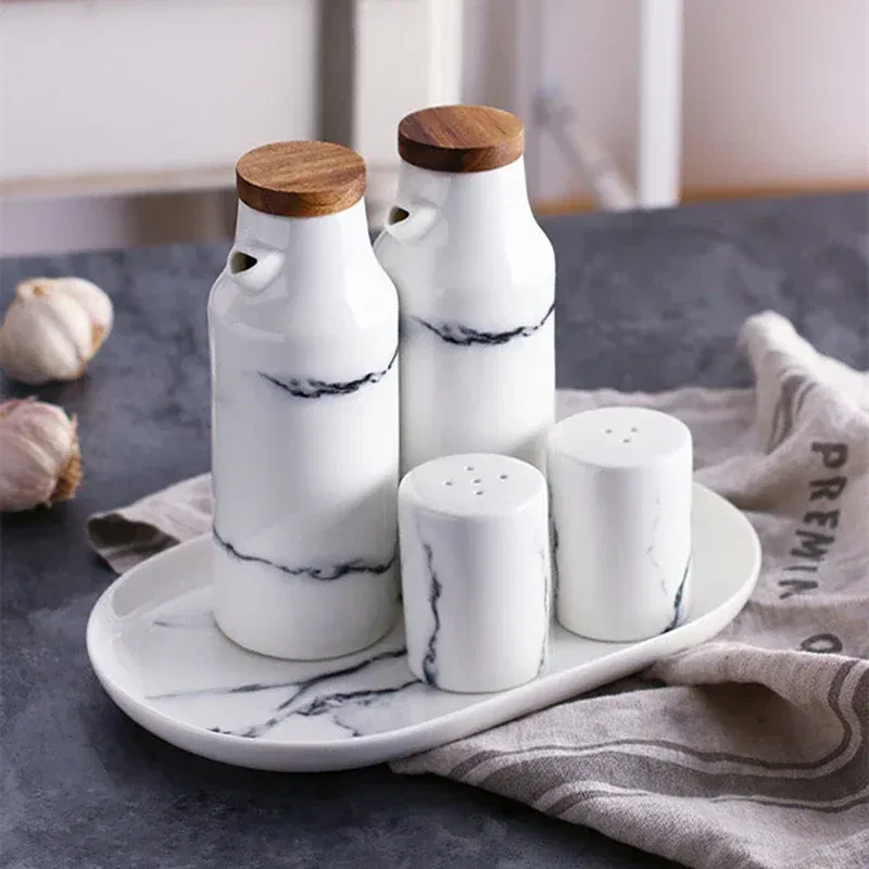 Color: Light Grey - Ceramics Spice Container Marbling Seasoning Bottle Nordic Style Creative Pepper Bottle Household Kitchen Supplies Spice Jar