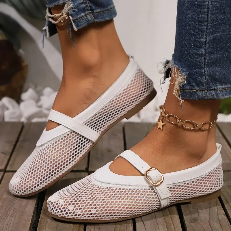 Color: WHITE, Shoe Size: 37 - Round head one buckle strap ballet shoes women's soft bottom flat hollow Mary Jane single fishing net shoes