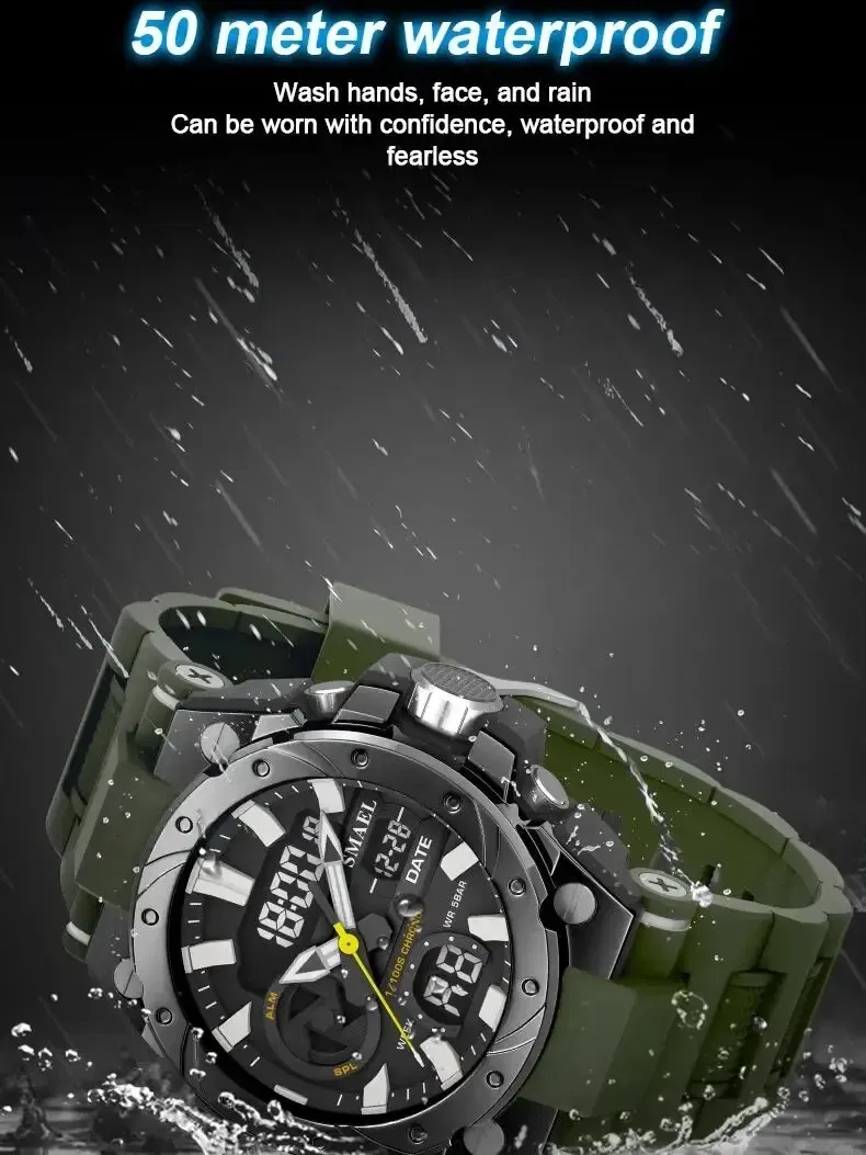 Color: Green - Quartz Electronic Fashion 8029 Watch 50M Waterproof LED Digital Auto Date Alarm Clocks Sport Watch For Men's