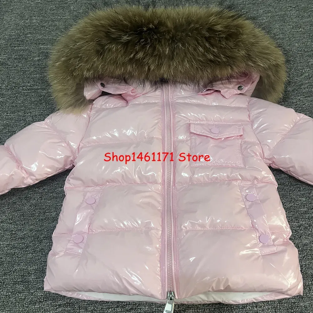 Color: Brown, Kid Size: 10 - Kids Winter Down Jacket Shiny Real Raccoon Fur Collar Toddler Boys Hooded Coat Baby Girls Warm Snowsuit Children's Parkas