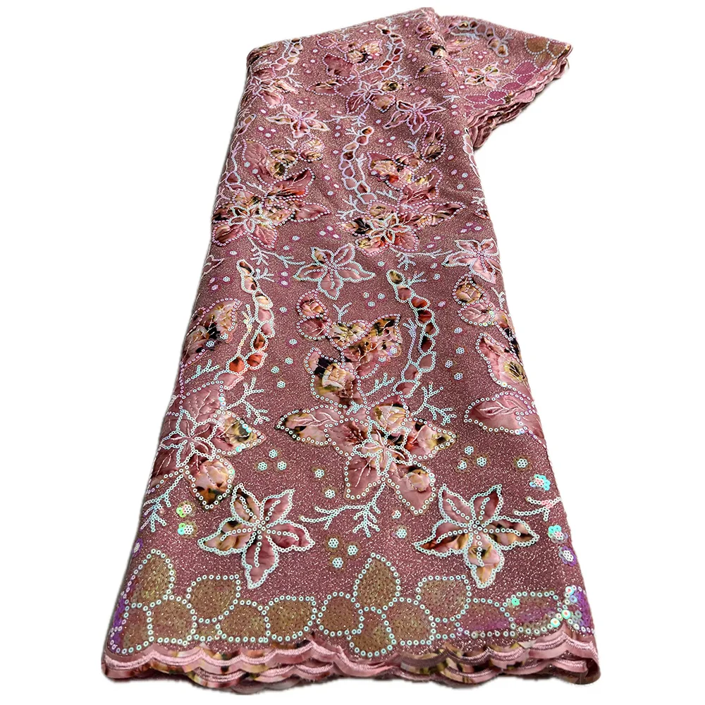 Color: Magenta, Length: 5 yards, Width: 120cm - 2025 African Nigerian Tulle Lace Fabric Sequins Sewing Guipure Beads Stone Embroidery Dresses High Quality 4 Yards