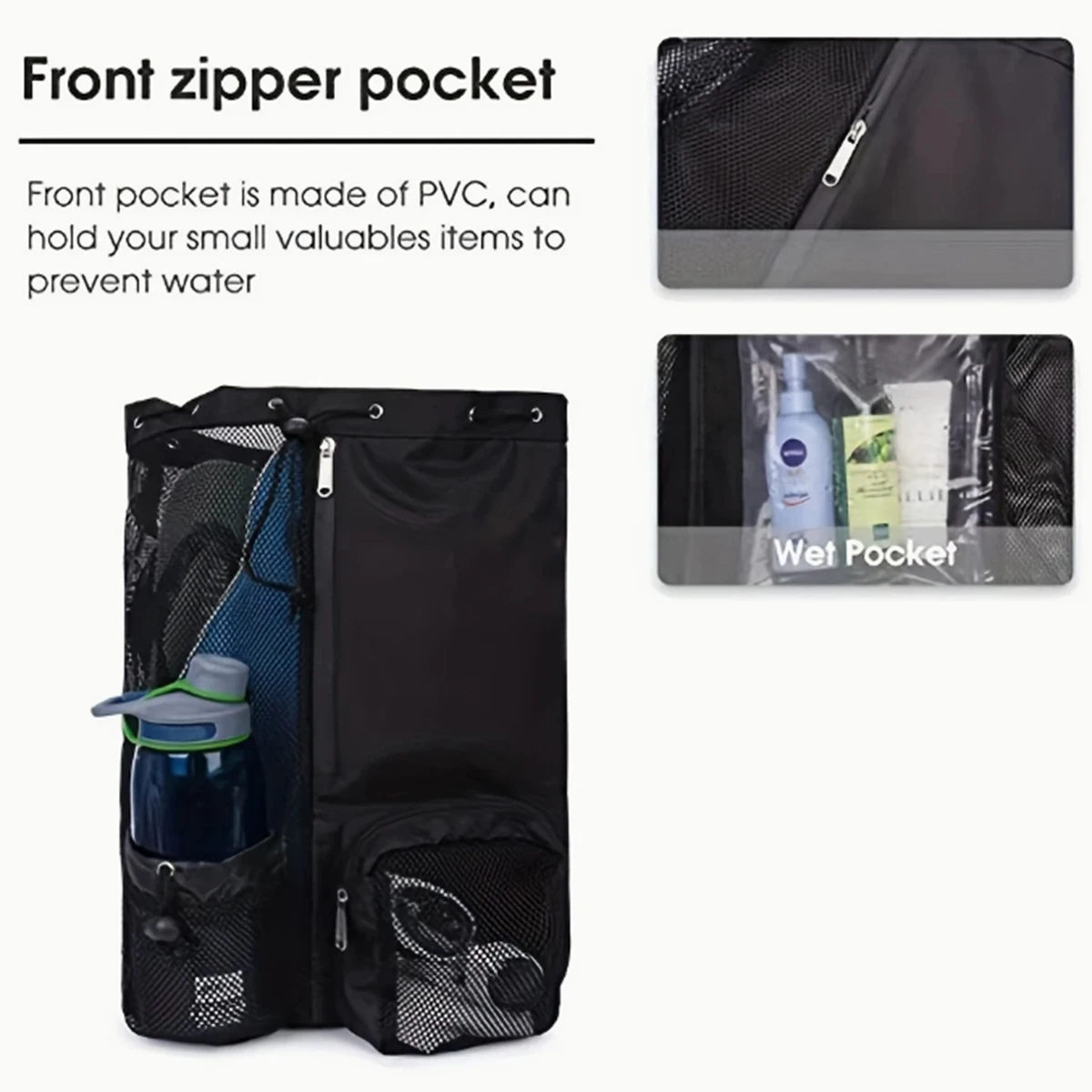 Color: GRAY - Outdoor beach backpack, swimming bag, mesh perforated drawstring backpack with wet bag, gym yoga exercise storage bag, 1 set