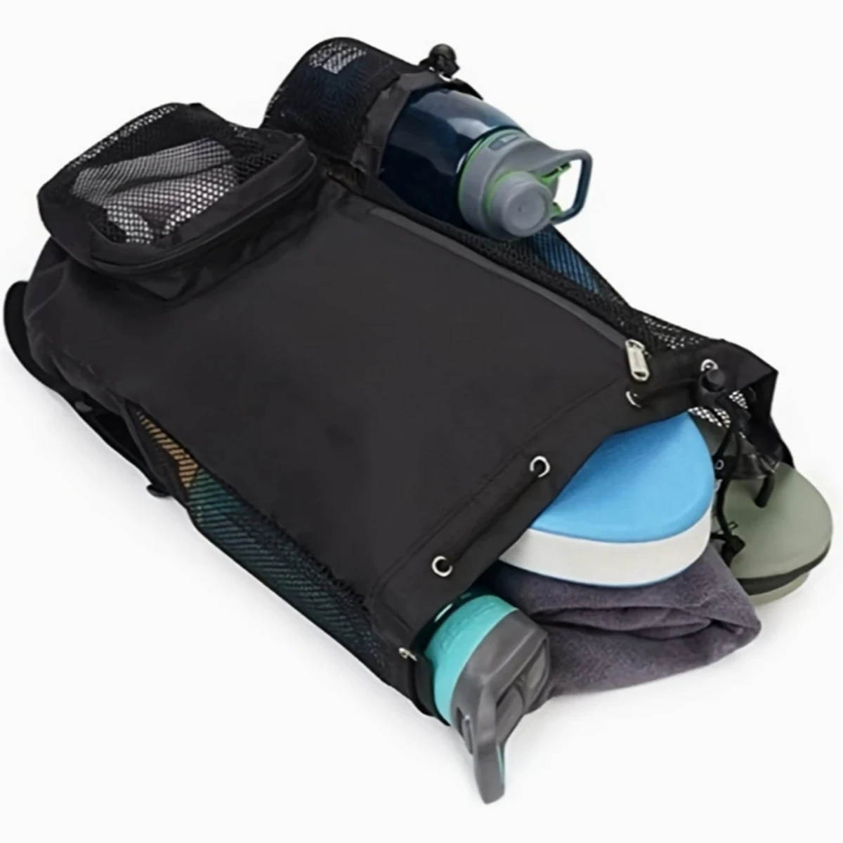 Color: GRAY - Outdoor beach backpack, swimming bag, mesh perforated drawstring backpack with wet bag, gym yoga exercise storage bag, 1 set