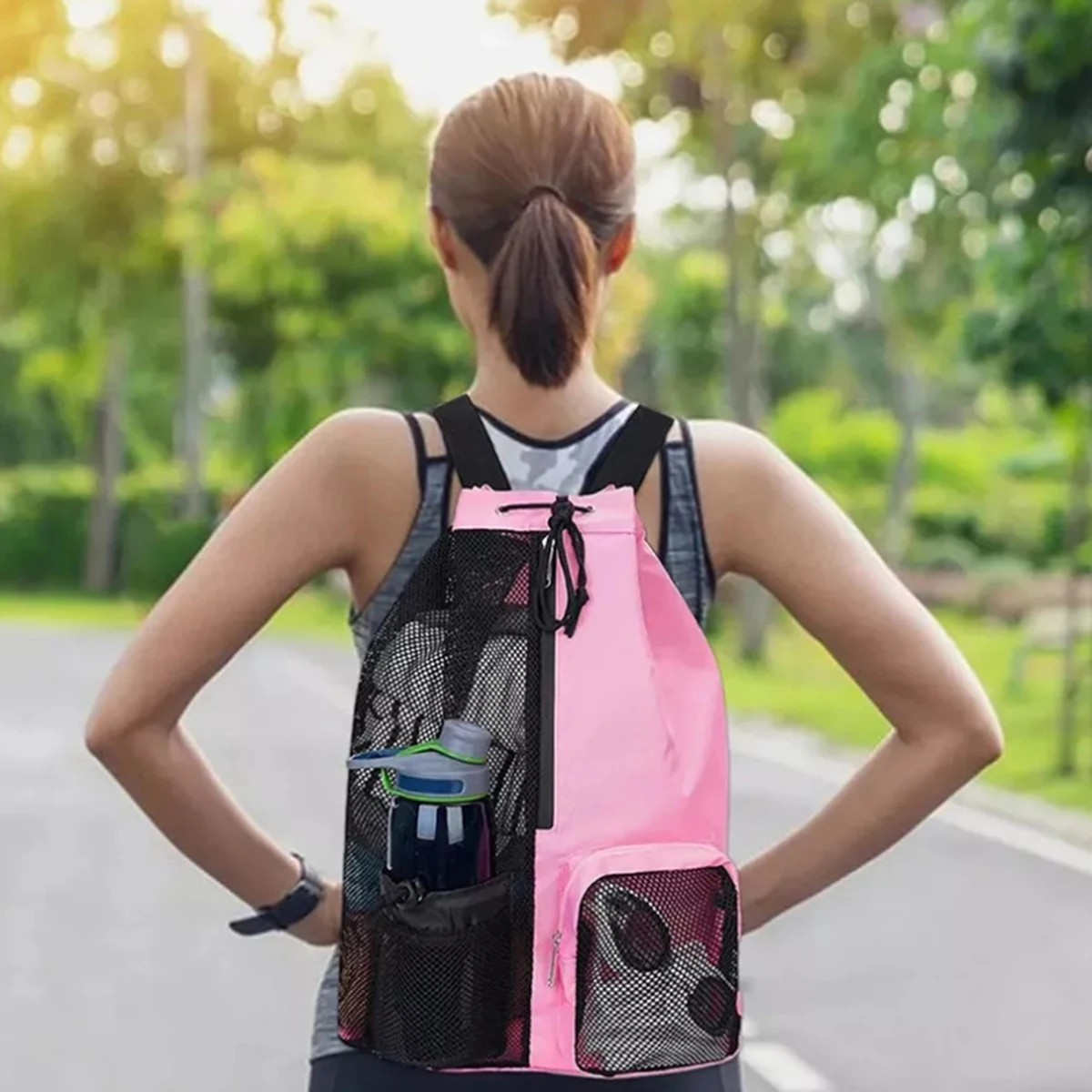 Color: GRAY - Outdoor beach backpack, swimming bag, mesh perforated drawstring backpack with wet bag, gym yoga exercise storage bag, 1 set