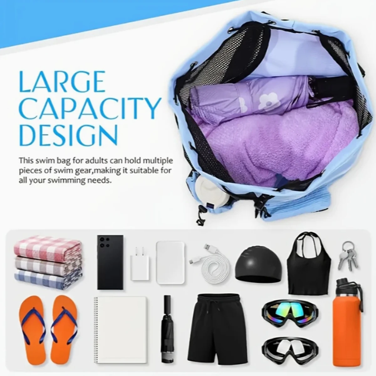 Color: GRAY - Outdoor beach backpack, swimming bag, mesh perforated drawstring backpack with wet bag, gym yoga exercise storage bag, 1 set