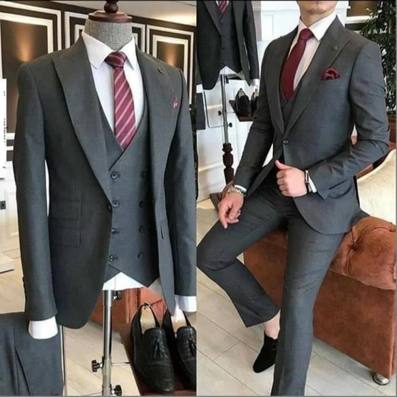 Color: black, Size: XXS, Ships From: CHINA - Groom Wear 3 Pieces Gray Men Suits 2021 Slim Fit Peak Lapel One Button Tailor Made Terno Masculino (Jacket+Pants+Vest+Tie?‰