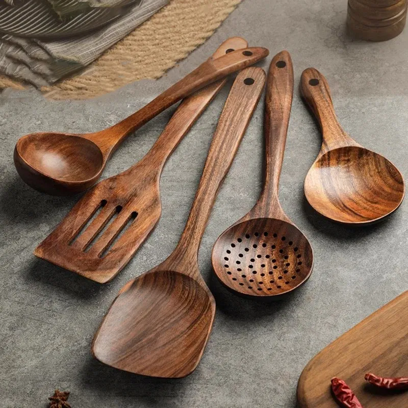 Color: Dark Grey - Teak Wooden Spatulas Kitchen Utensils Cooking Utensil Eco-Friendly Wood Spatula for Non Stick Cookware