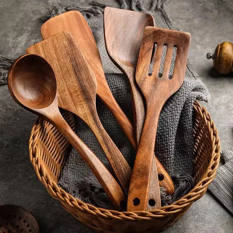 Color: Dark Grey - Teak Wooden Spatulas Kitchen Utensils Cooking Utensil Eco-Friendly Wood Spatula for Non Stick Cookware