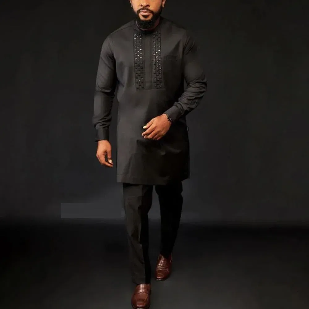 Color: Silver, Size: 4XL - 2024 New African Traditional Men's Set Elegant and Fashionable Men's Suit Casual Embroidery Two Piece Set Men's Suit Kaftan
