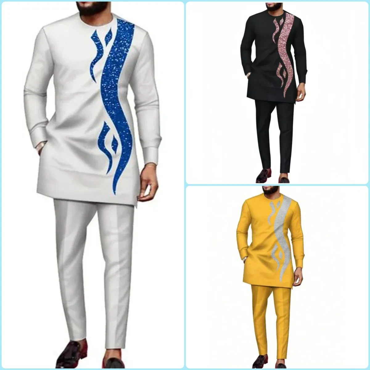 Color: Silver, Size: 4XL - 2024 New African Traditional Men's Set Elegant and Fashionable Men's Suit Casual Embroidery Two Piece Set Men's Suit Kaftan