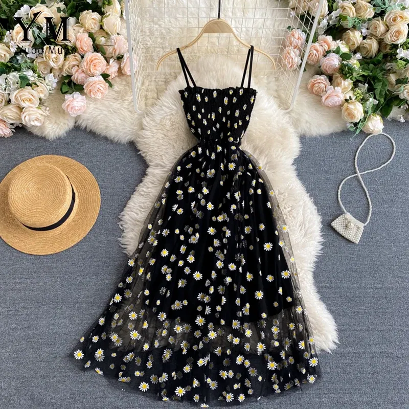 Color: PURPLE, Size: One Size - YuooMuoo Korean Fashion Daisy Flower Print Mesh Party Dress Summer Two Layers Spaghetti Strap Vacation Midi Dress Beach Vestidos