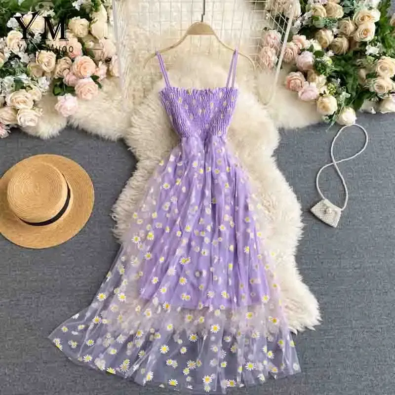 Color: PURPLE, Size: One Size - YuooMuoo Korean Fashion Daisy Flower Print Mesh Party Dress Summer Two Layers Spaghetti Strap Vacation Midi Dress Beach Vestidos