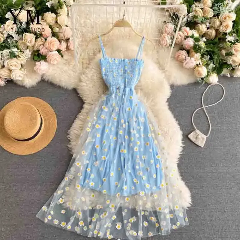 Color: PURPLE, Size: One Size - YuooMuoo Korean Fashion Daisy Flower Print Mesh Party Dress Summer Two Layers Spaghetti Strap Vacation Midi Dress Beach Vestidos