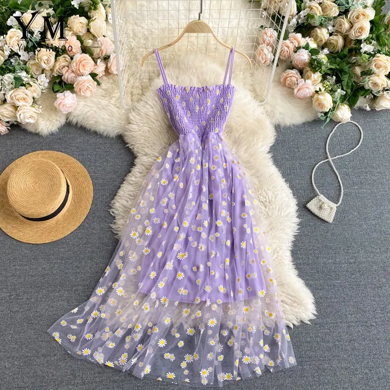 Color: PURPLE, Size: One Size - YuooMuoo Korean Fashion Daisy Flower Print Mesh Party Dress Summer Two Layers Spaghetti Strap Vacation Midi Dress Beach Vestidos