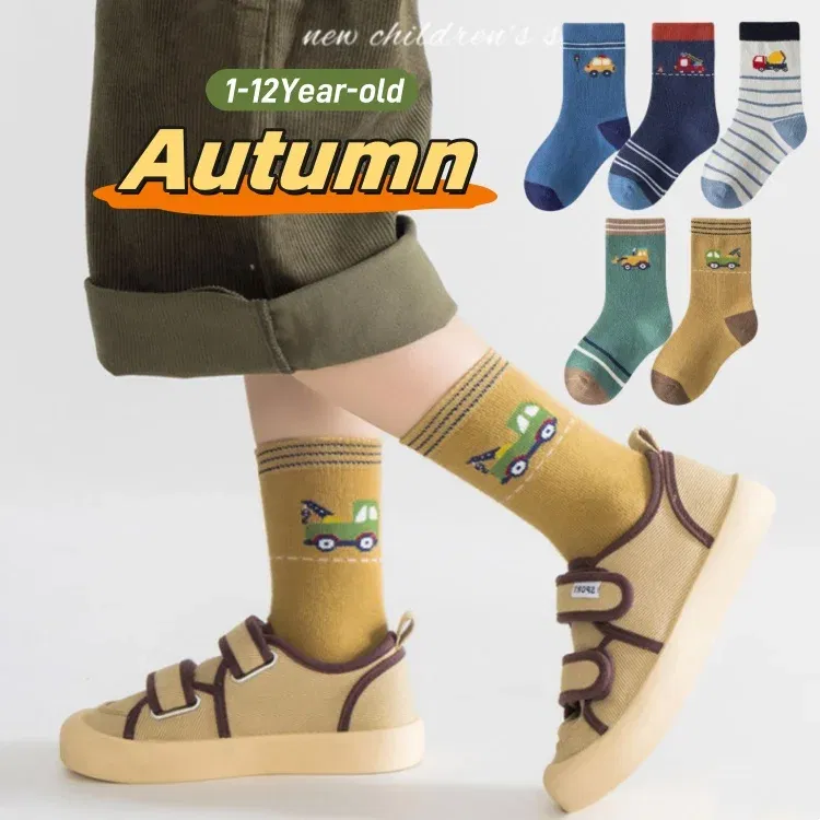 Color: GRAY, Size: 10-12T - Autumn Socks Baby Socks Cute Truck Car Pattern Socks Boys Medium Socks Kids Autumn Winter Cotton Socks 5packs
