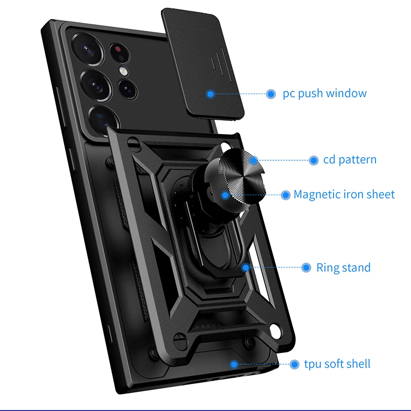 Material: Cotton Fabric, Color: Black - Shockproof Armor Case For Samsung Galaxy S20 S21 S22 S23 S24 Plus Ultra FE With Car Magnetic Ring Holder Phone Cover