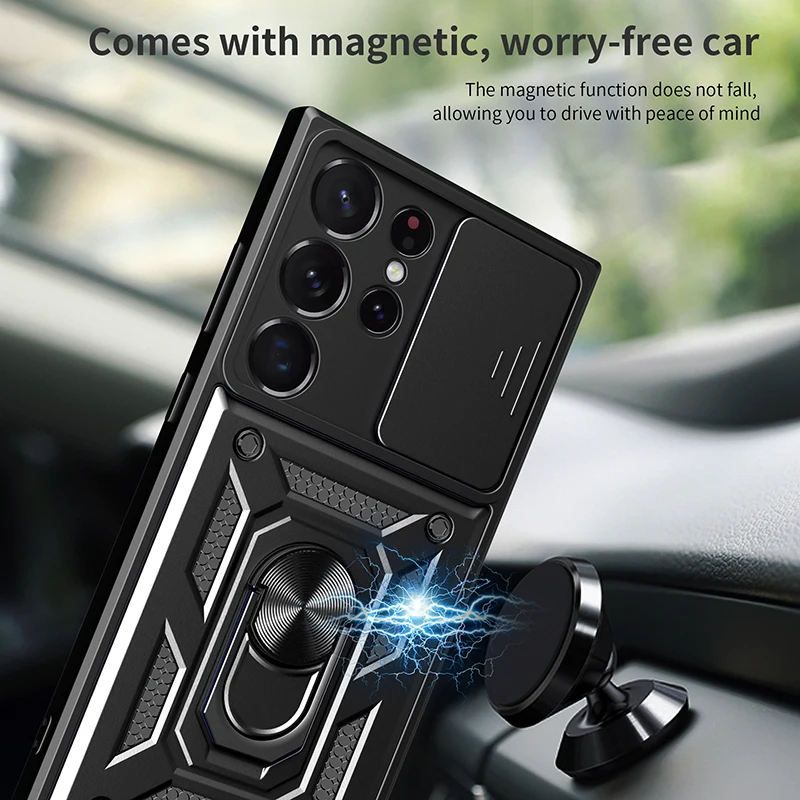 Material: Cotton Fabric, Color: Black - Shockproof Armor Case For Samsung Galaxy S20 S21 S22 S23 S24 Plus Ultra FE With Car Magnetic Ring Holder Phone Cover