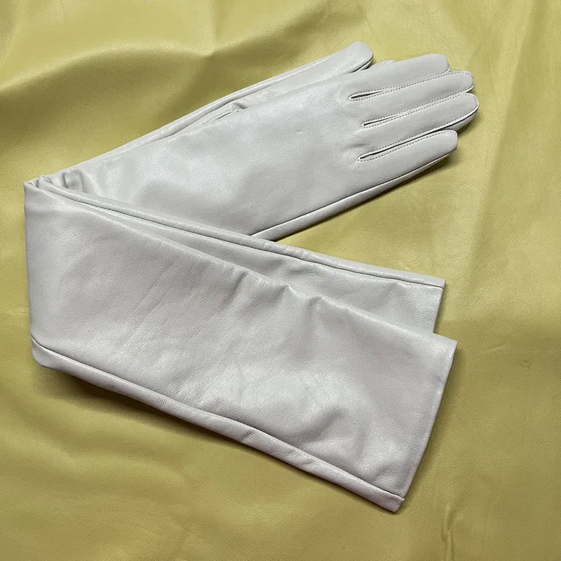Color: green, Gloves Size: 7 1/8 - 50cm New Genuine Leather White Women's High Grade Party Mittens Sheepskin Lady Winter Velvet long Gloves Creamy Ivory Snow White