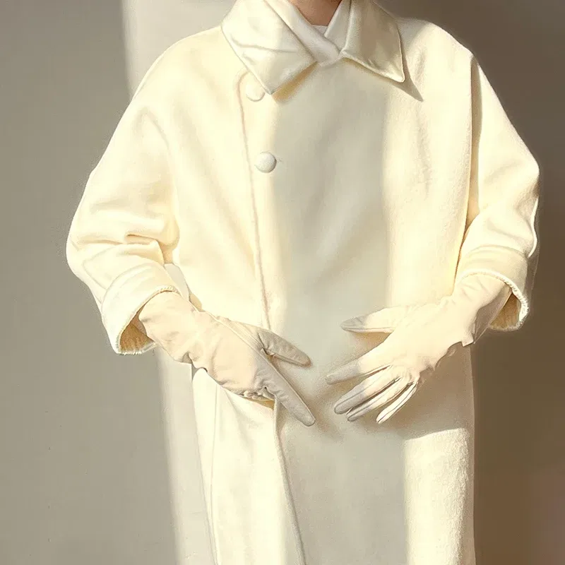 Color: green, Gloves Size: 7 1/8 - 50cm New Genuine Leather White Women's High Grade Party Mittens Sheepskin Lady Winter Velvet long Gloves Creamy Ivory Snow White