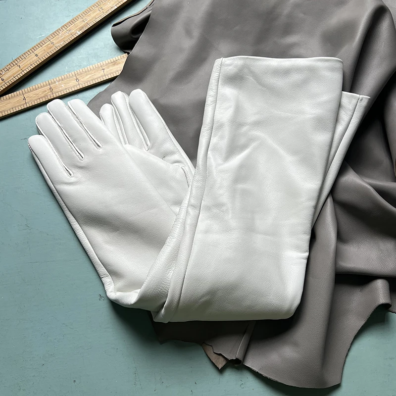 Color: green, Gloves Size: 7 1/8 - 50cm New Genuine Leather White Women's High Grade Party Mittens Sheepskin Lady Winter Velvet long Gloves Creamy Ivory Snow White