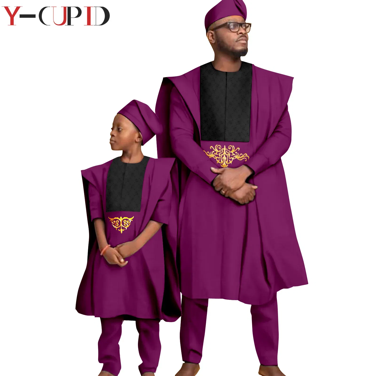 Color: green, Size: Mother 6XL - African Clothes for Men Top Pants Robes Hat Sets Match Kid Boy Sets Dashiki Father and Son Bazin Riche Family Outfits Y20F001