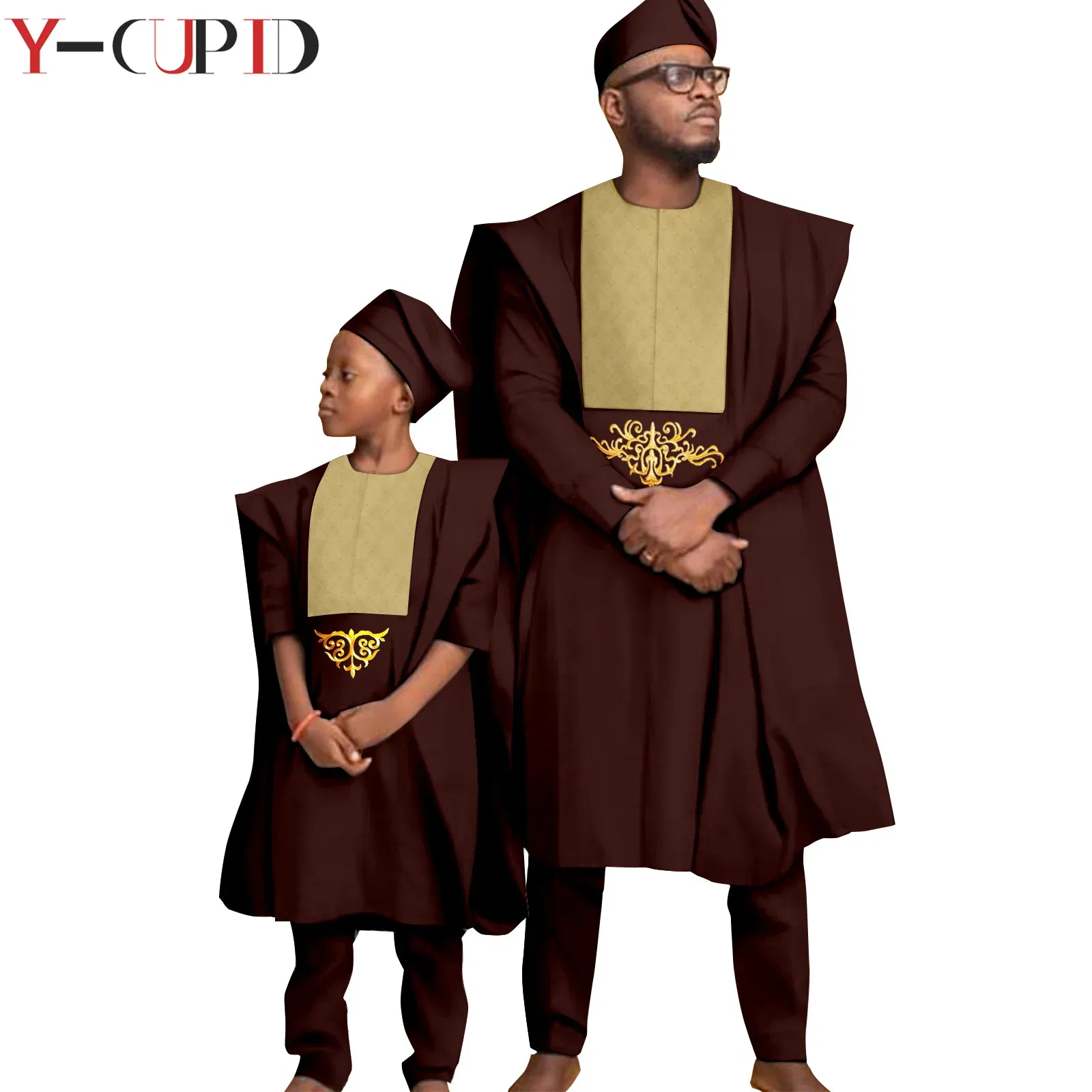 Color: green, Size: Mother 6XL - African Clothes for Men Top Pants Robes Hat Sets Match Kid Boy Sets Dashiki Father and Son Bazin Riche Family Outfits Y20F001