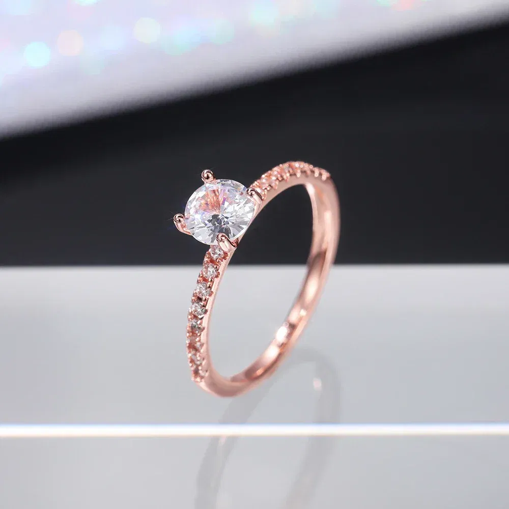 Main Stone Color: WHITE, Ring Size: 5 - Huitan Classic 4 Claws Design Round Zirconia Women Wedding Engagement Rings 3 Colors Available Low-key Bridal Jewelry Hot Sale