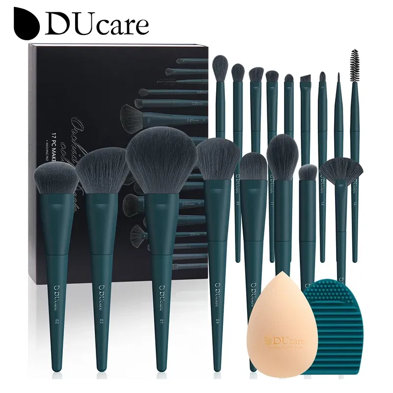Handle Color: Green, Ships From: United States - DUcare Professional Makeup Brushes kits Synthetic Hair 17Pcs with Sponge & cleaning tools Pad for Cosmetics Foundation Eyeshadow