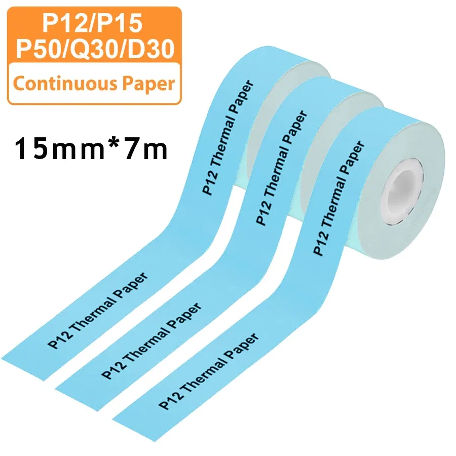 Color: LM - 3pcs 15mm x7m Continuous Label Paper fit for P12 P15 Phomemo D30 Q30 Printer Waterproof Self Adhesive Thermal Printer Sticker
