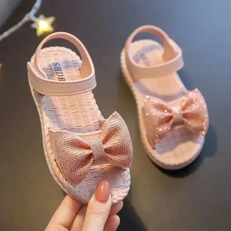 Color: SKY BLUE, Shoe Size: 1.5 - Girls Sandals 2024 Summer Princess Children Sandals Bow Tie Girl Shoes Fashion Casual Non Slip Kids Beach Shoes