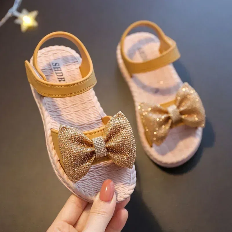 Color: SKY BLUE, Shoe Size: 1.5 - Girls Sandals 2024 Summer Princess Children Sandals Bow Tie Girl Shoes Fashion Casual Non Slip Kids Beach Shoes