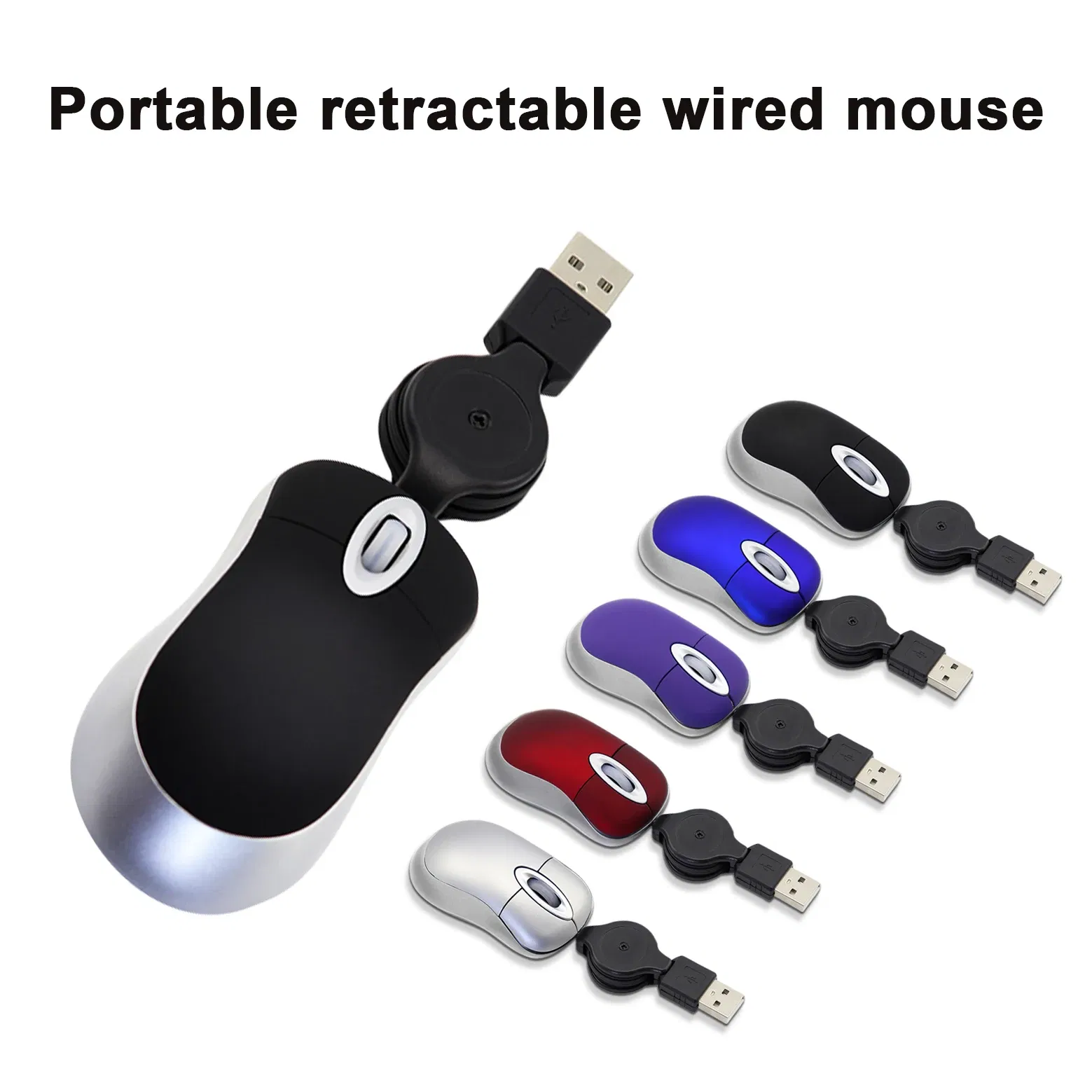 Color: Red - Mini Portable Wired Mouse Retractable USB Cable Ergonomic Mause Anti Winding Office Computer Mice Retractable Adjustable Mice