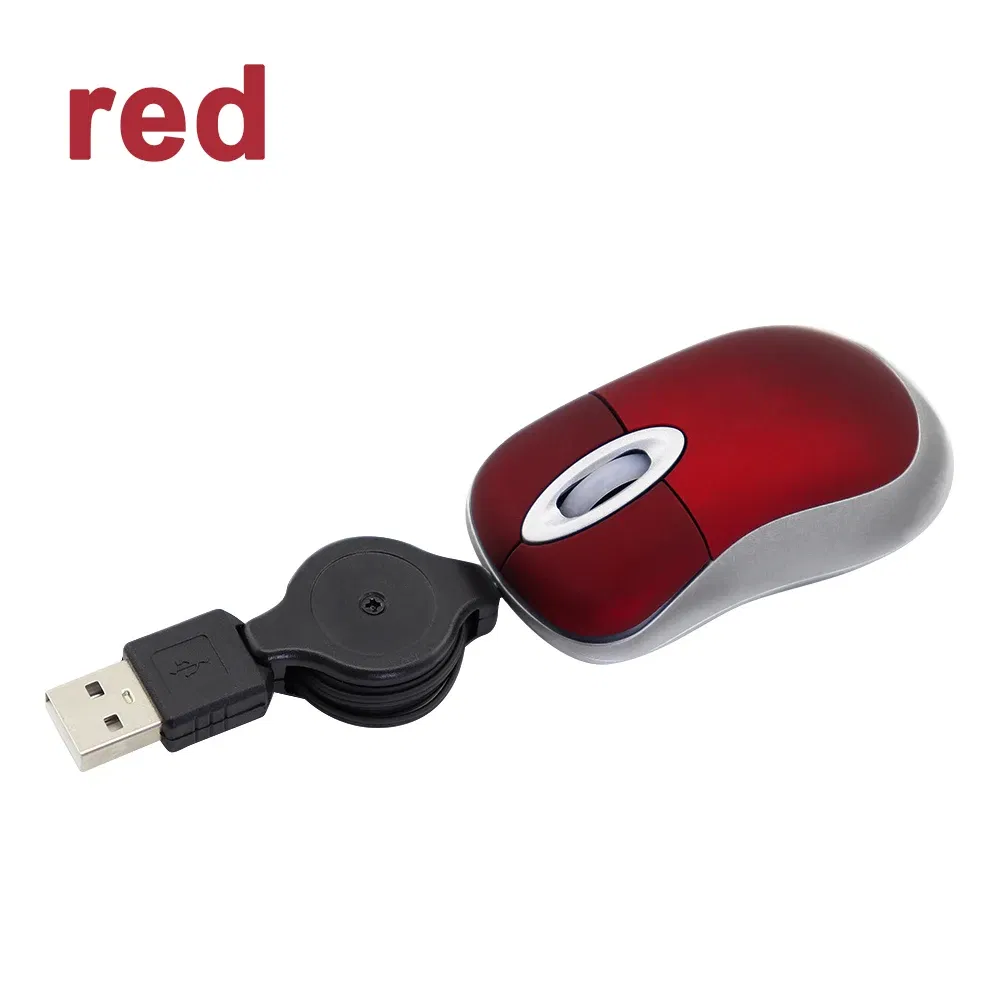 Color: Red - Mini Portable Wired Mouse Retractable USB Cable Ergonomic Mause Anti Winding Office Computer Mice Retractable Adjustable Mice