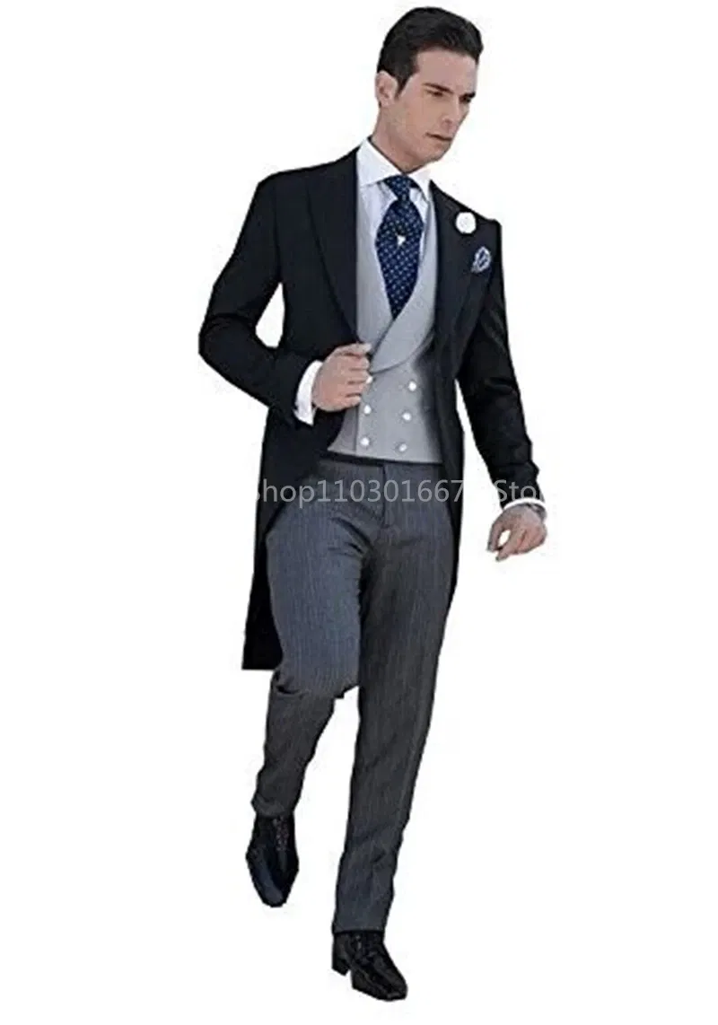 Color: black, Size: L - Black Long Tail Blazer 3 Pieces Gentleman Male Suit Men's Fashion Groom Tuxedo for Wedding Party Prom Jacket Vest with Pants