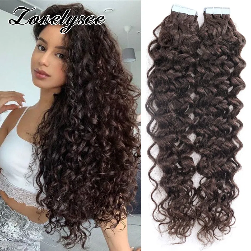 Color: #60, Length: 14 inches, Items per Package: 20 pcs - Water Wave Tape in Human Hair Extensions 2g/pcs Dark Brown Real Human Hair Adhesive Invisible Keratin Hair Extensions for Women