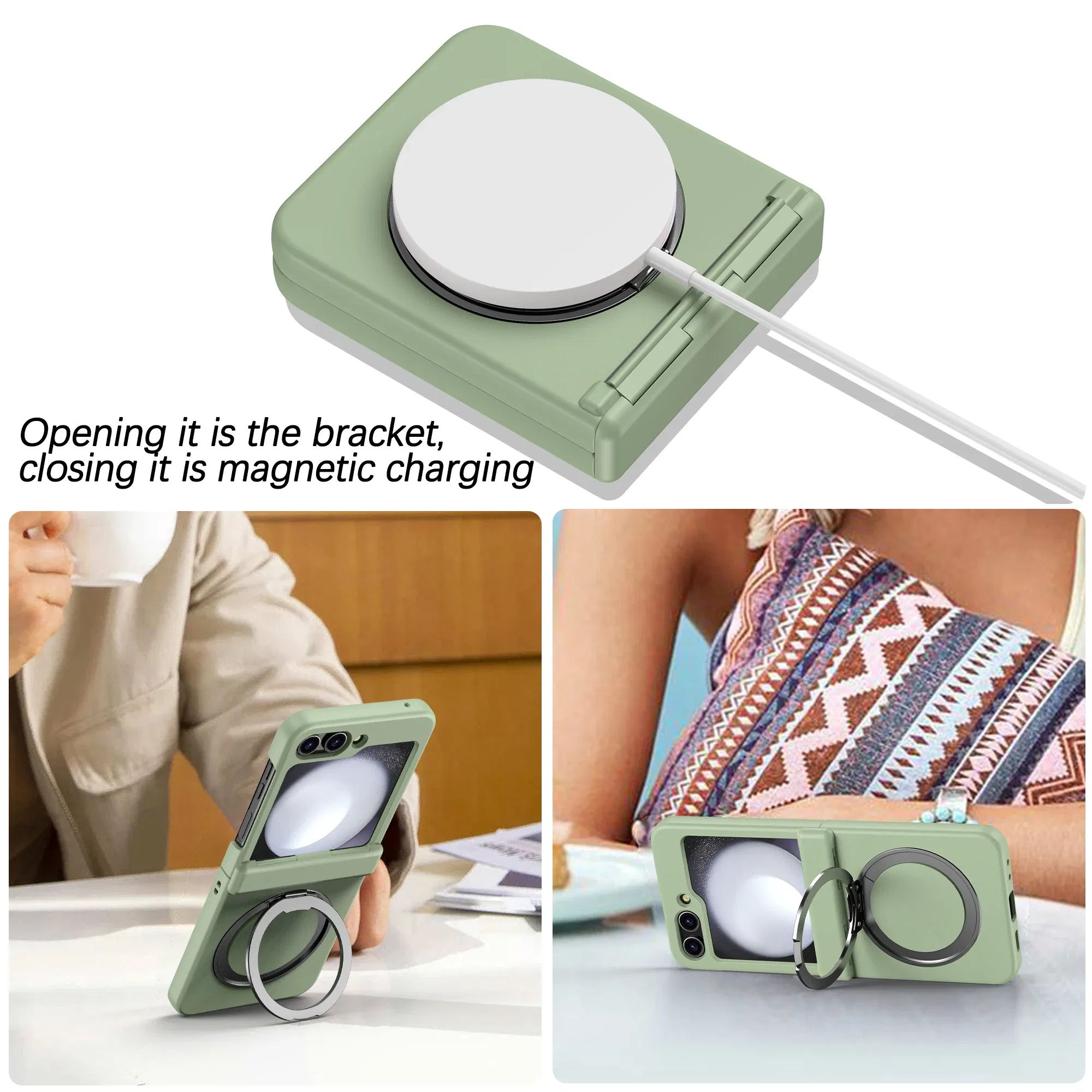Color: Beige, Material: ABS - 360?° Rotating Holder Phone case For Samsung Galaxy Z Flip 5 Magsafe Wireless charge 360 Degree Ring Magnetic stand Phone Cover