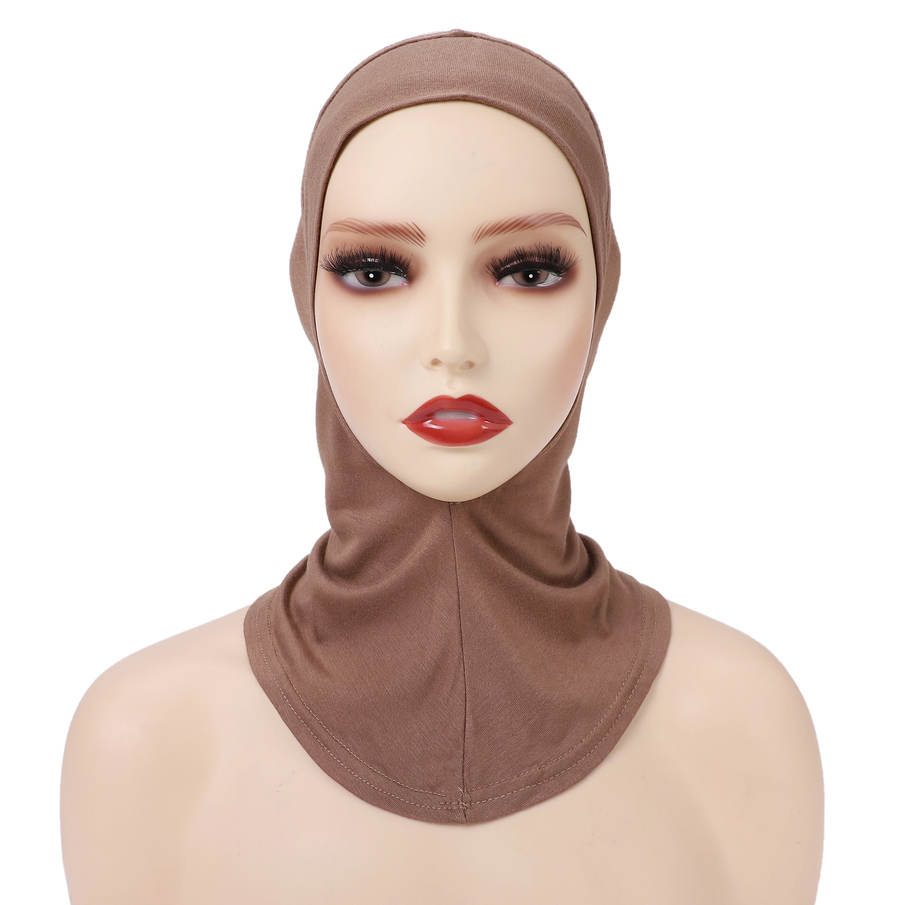 Color: Brown - 1 Piece Turban Caps for Women Muslim Underscarf Modal Hijab Inner Caps Stretchy Full Cover Shawl Cap Full Neck Coverage
