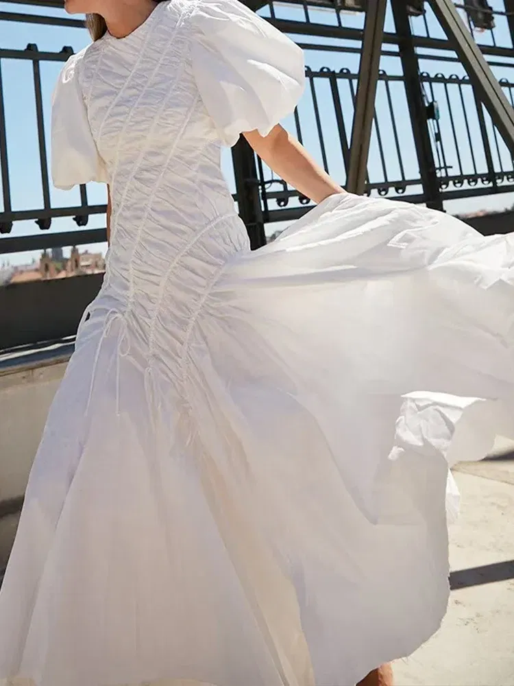 Color: WHITE, Size: XL - 2025 summer women's new round neck lantern short sleeve irregular stitching drawstring dress slim dinner temperament long dress