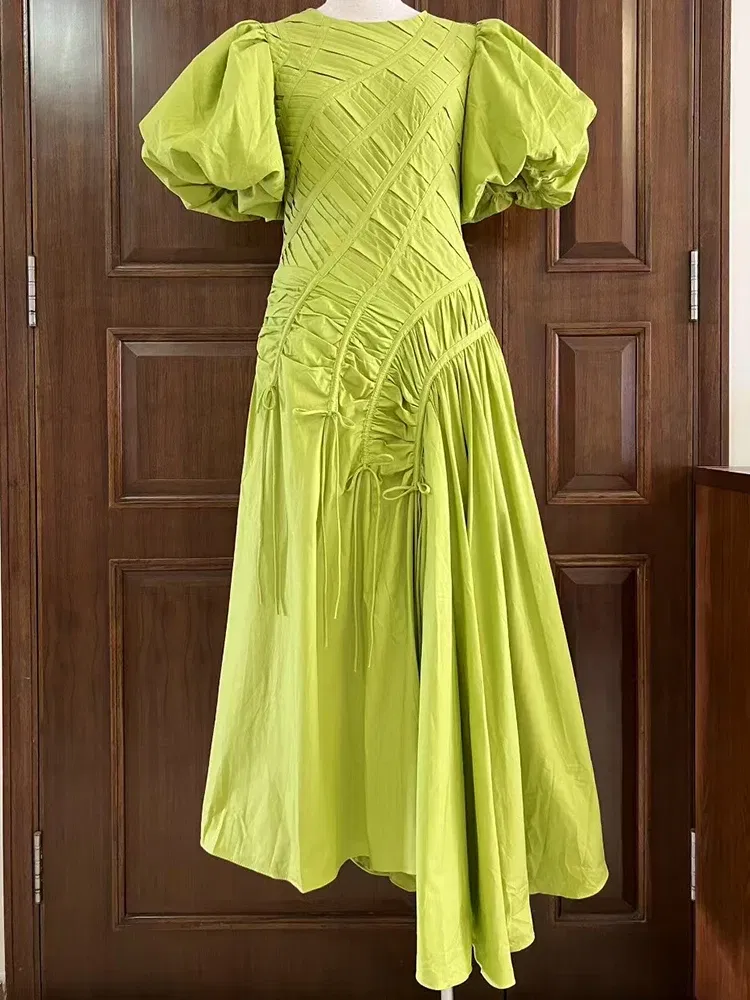 Color: WHITE, Size: XL - 2025 summer women's new round neck lantern short sleeve irregular stitching drawstring dress slim dinner temperament long dress