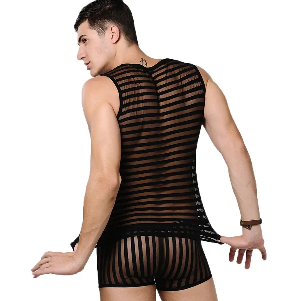 Color: black, Size: XL - Striped Transparent Tank Top Black Sexy Mesh Tops Men Clothing Gym Quick Dry Vests Fashion Casual Summer Sleeveless Solid Top